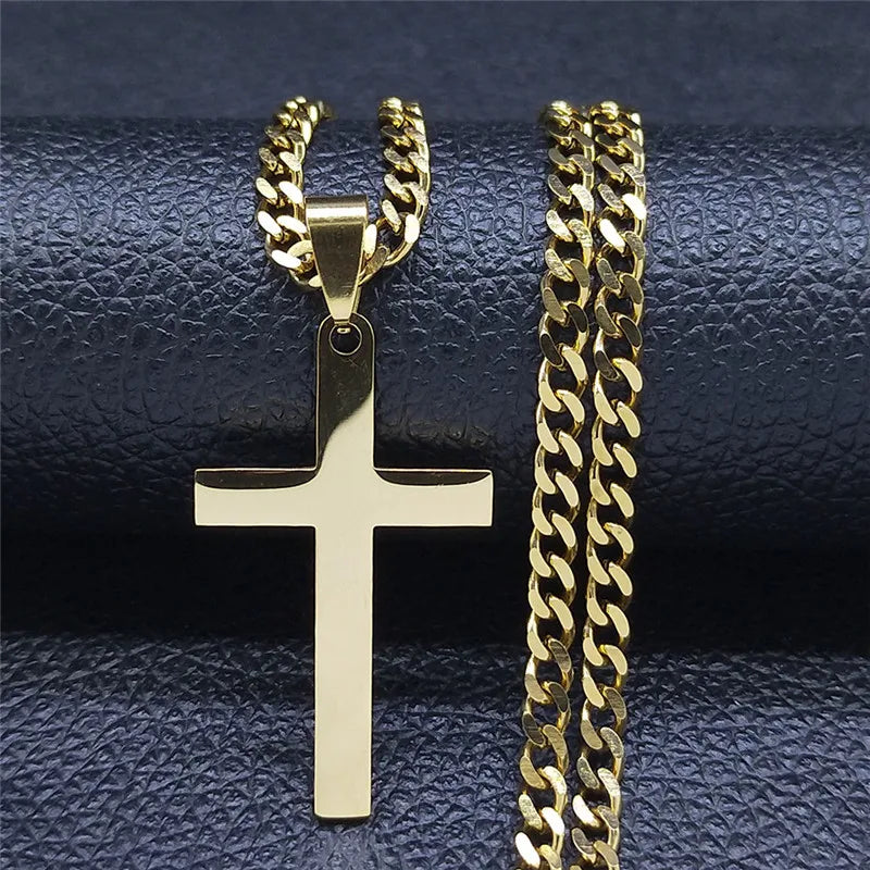 Colar cristão hip hop em aço inoxidável com cruz de Jesus para mulheres e homens, cor dourada, joia marcante.