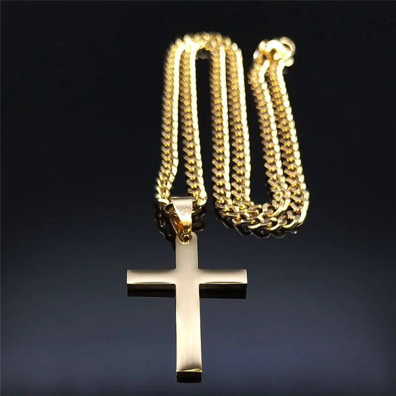 Colar cristão hip hop em aço inoxidável com cruz de Jesus para mulheres e homens, cor dourada, joia marcante.