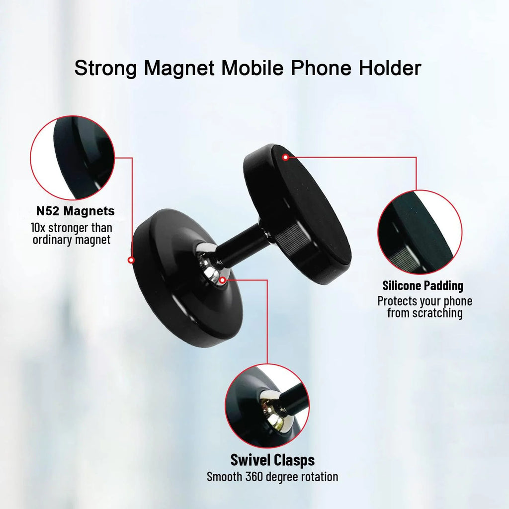 Suporte Magnético Duplo de Metal para Celular com Rotação 360° – Fácil Instalação e Uso com Uma Mão – Acessório para Carro