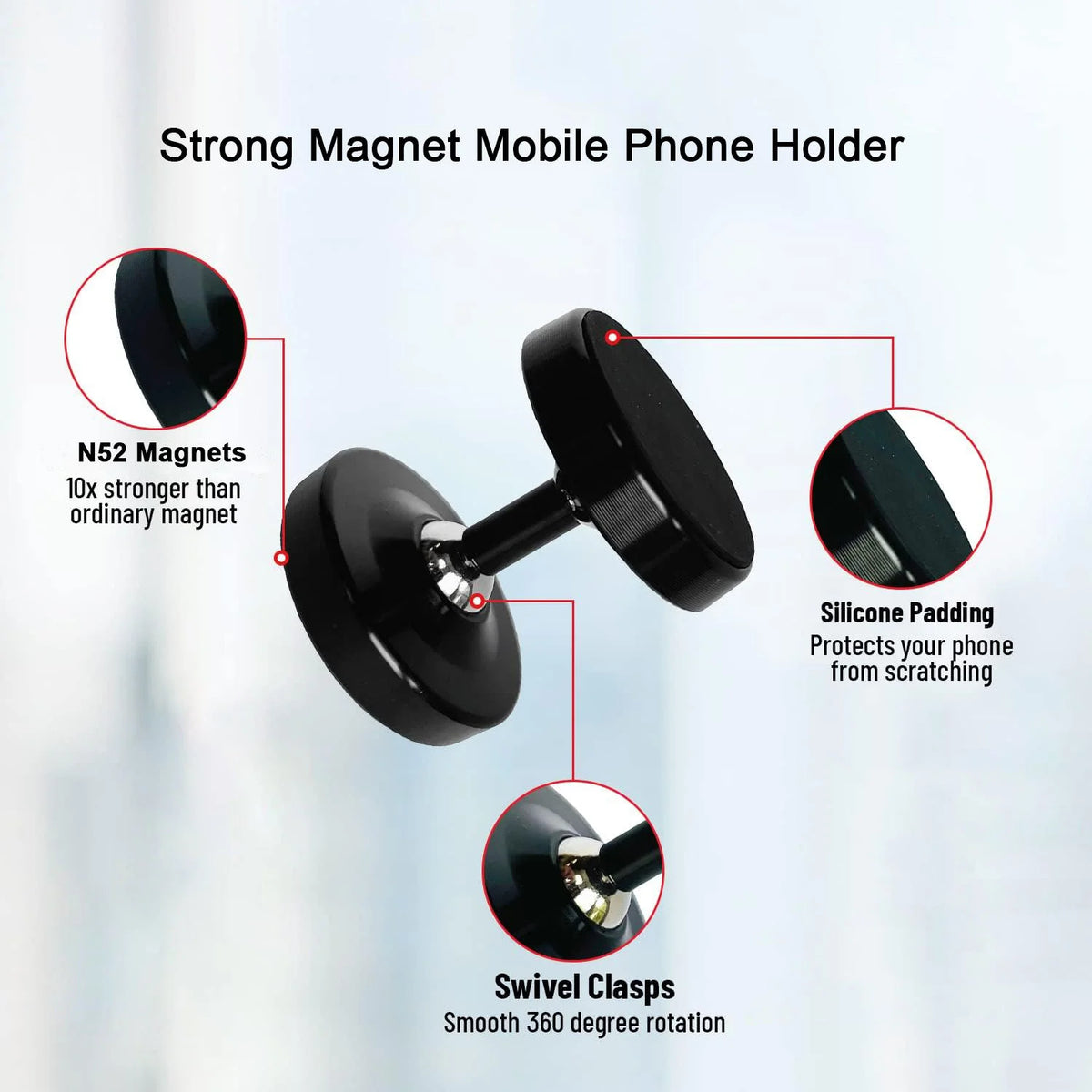 Suporte Magnético Duplo de Metal para Celular com Rotação 360° – Fácil Instalação e Uso com Uma Mão – Acessório para Carro