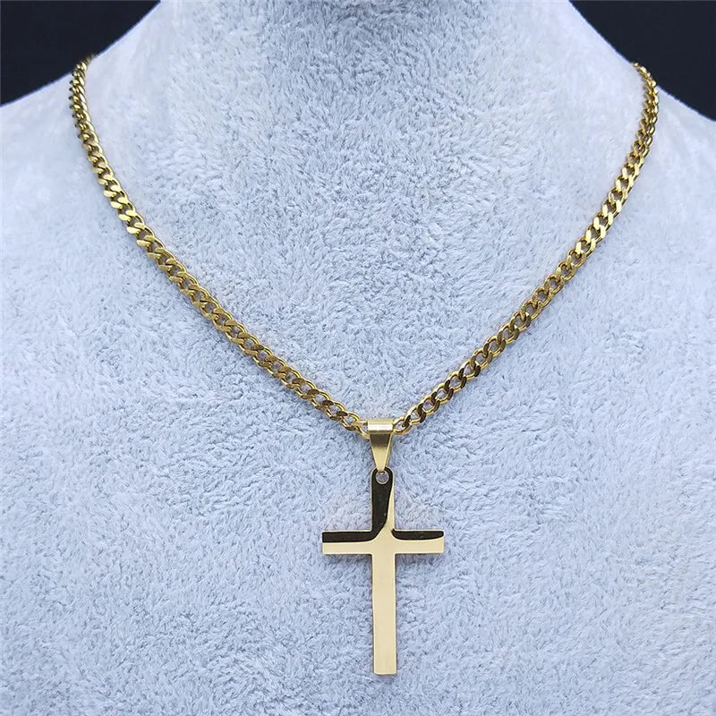 Colar cristão hip hop em aço inoxidável com cruz de Jesus para mulheres e homens, cor dourada, joia marcante.