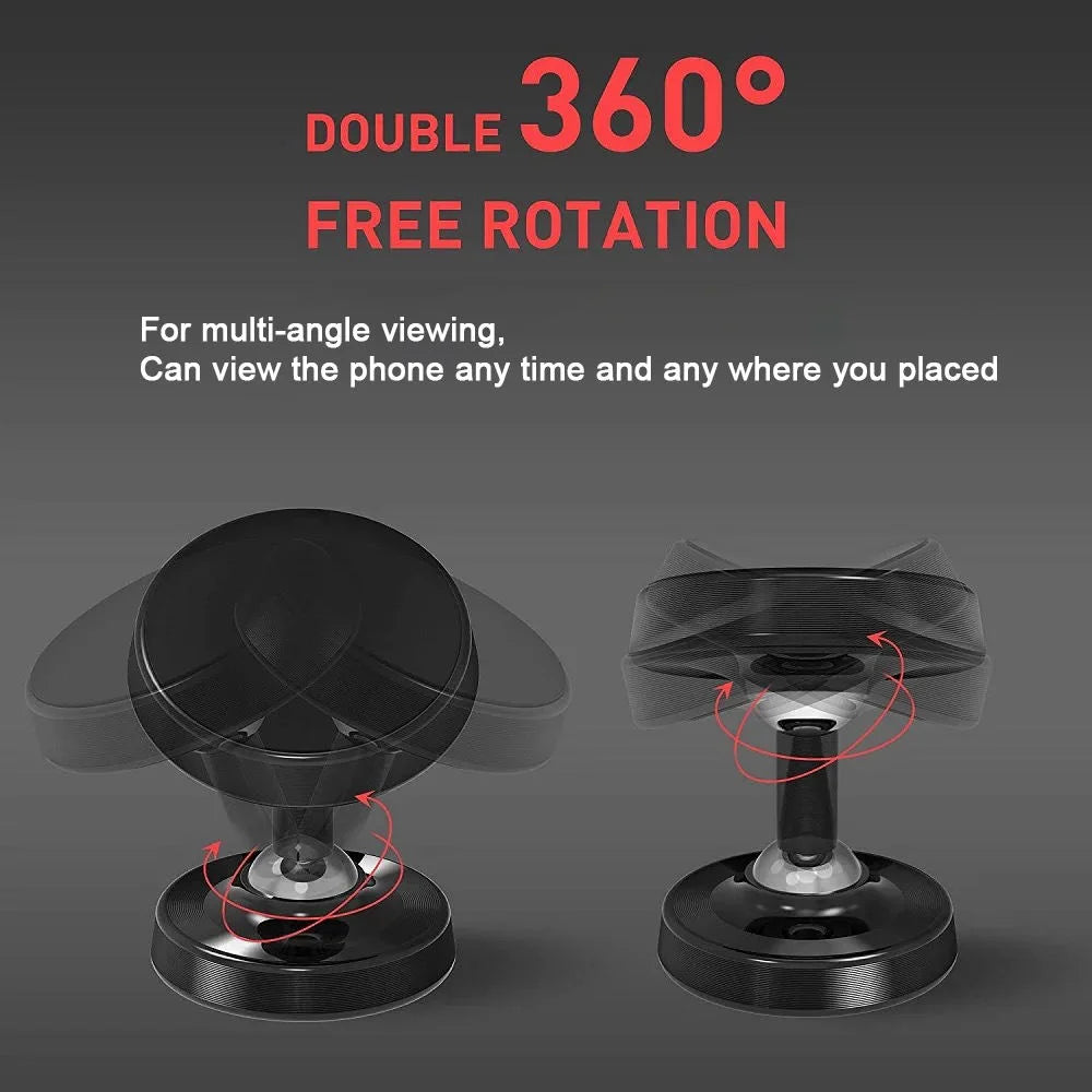 Suporte Magnético Duplo de Metal para Celular com Rotação 360° – Fácil Instalação e Uso com Uma Mão – Acessório para Carro