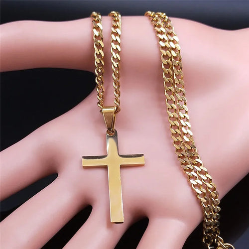 Colar cristão hip hop em aço inoxidável com cruz de Jesus para mulheres e homens, cor dourada, joia marcante.