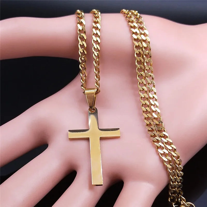 Colar cristão hip hop em aço inoxidável com cruz de Jesus para mulheres e homens, cor dourada, joia marcante.