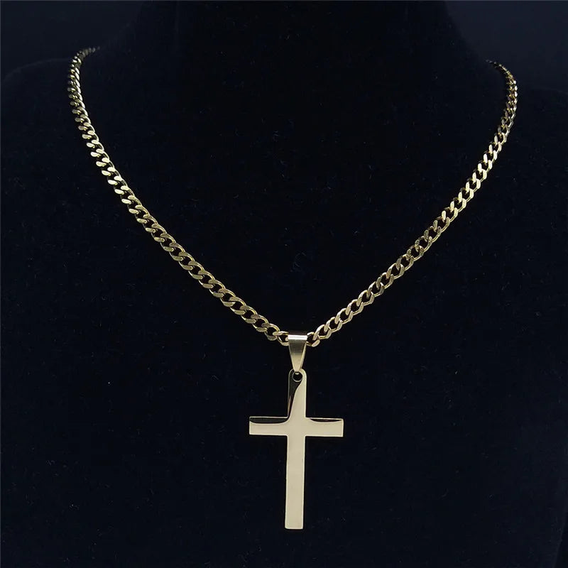 Colar cristão hip hop em aço inoxidável com cruz de Jesus para mulheres e homens, cor dourada, joia marcante.