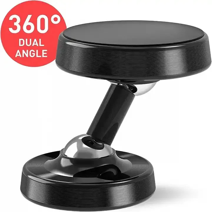 Suporte Magnético Duplo de Metal para Celular com Rotação 360° – Fácil Instalação e Uso com Uma Mão – Acessório para Carro