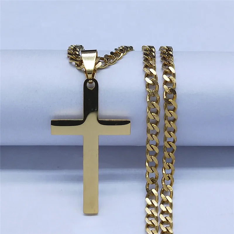 Colar cristão hip hop em aço inoxidável com cruz de Jesus para mulheres e homens, cor dourada, joia marcante.