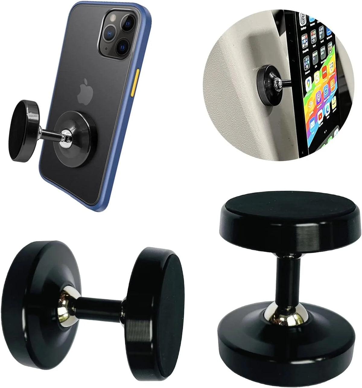 Suporte Magnético Duplo de Metal para Celular com Rotação 360° – Fácil Instalação e Uso com Uma Mão – Acessório para Carro
