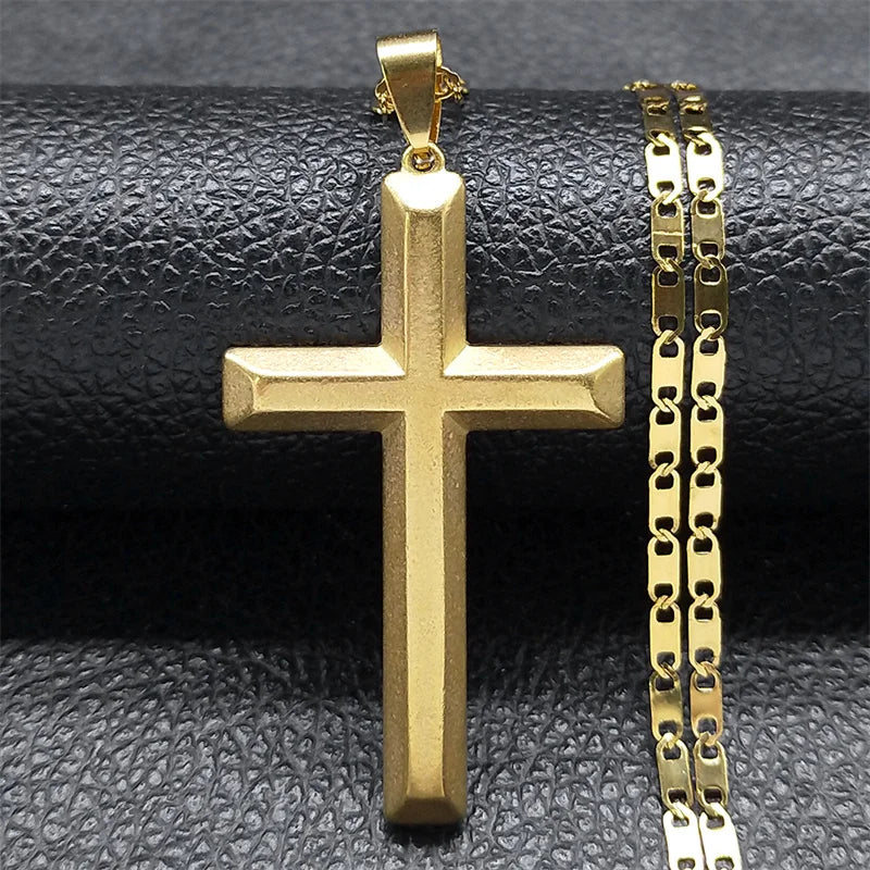 Colar cristão hip hop em aço inoxidável com cruz de Jesus para mulheres e homens, cor dourada, joia marcante.