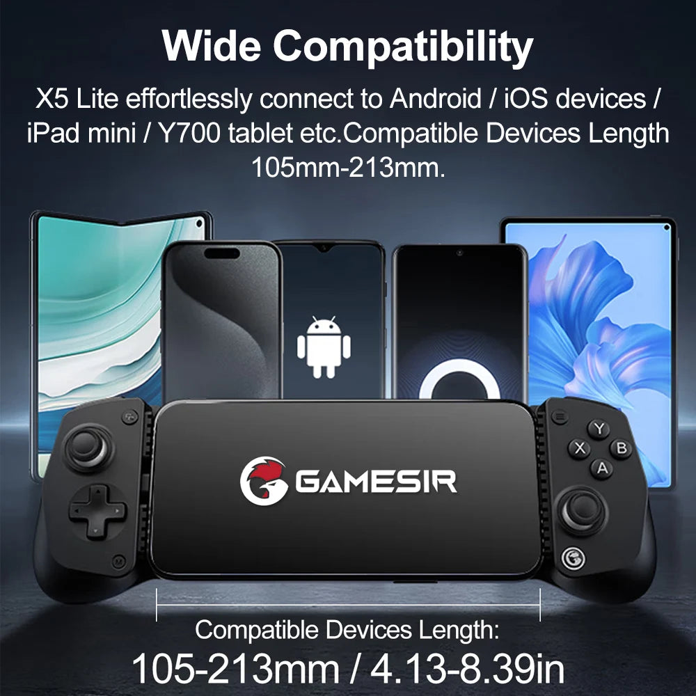 GameSir X5 Lite Controle para jogos mobile, gamepad para iPhone 17, 16 e 15 Series, iPad Mini Y700 e tablets Android.